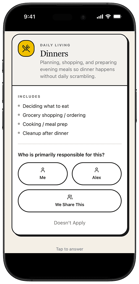 Care Load Assessment screen showing a household task category