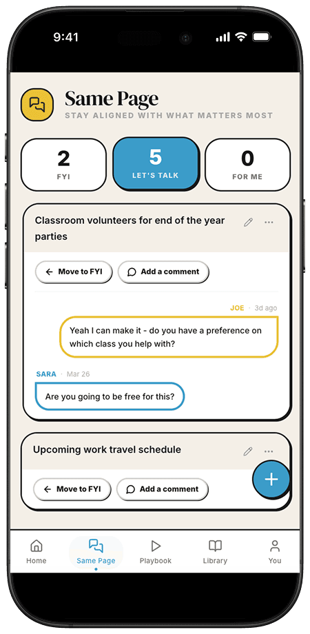 Same Page screen showing shared items and conversation between partners