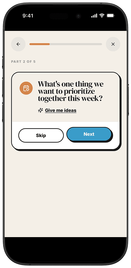 Touch Base screen showing a guided check-in question
