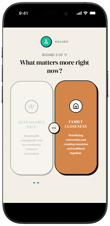 Values experiment screen showing two options to compare